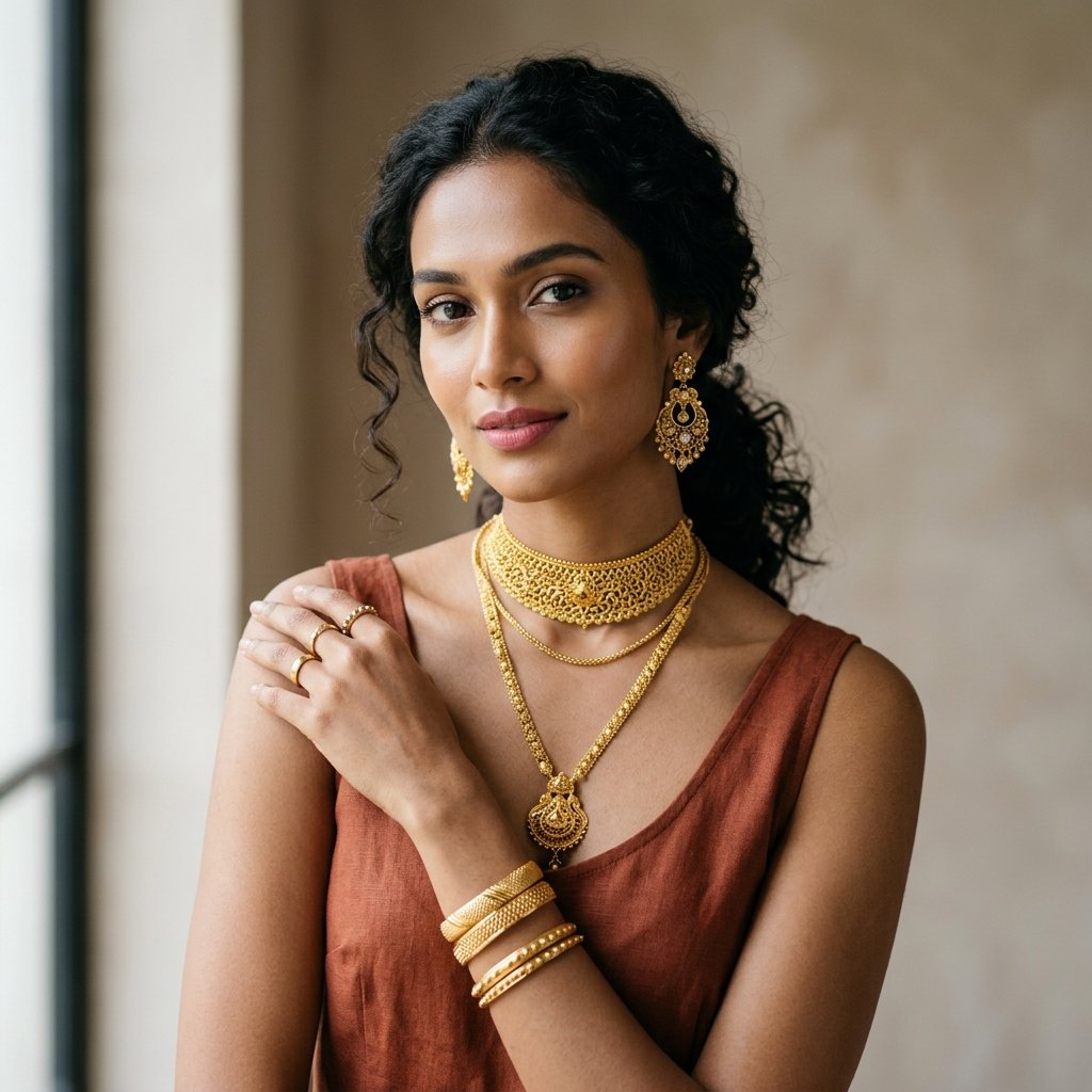 Model wearing layered Lakjaya jewellery